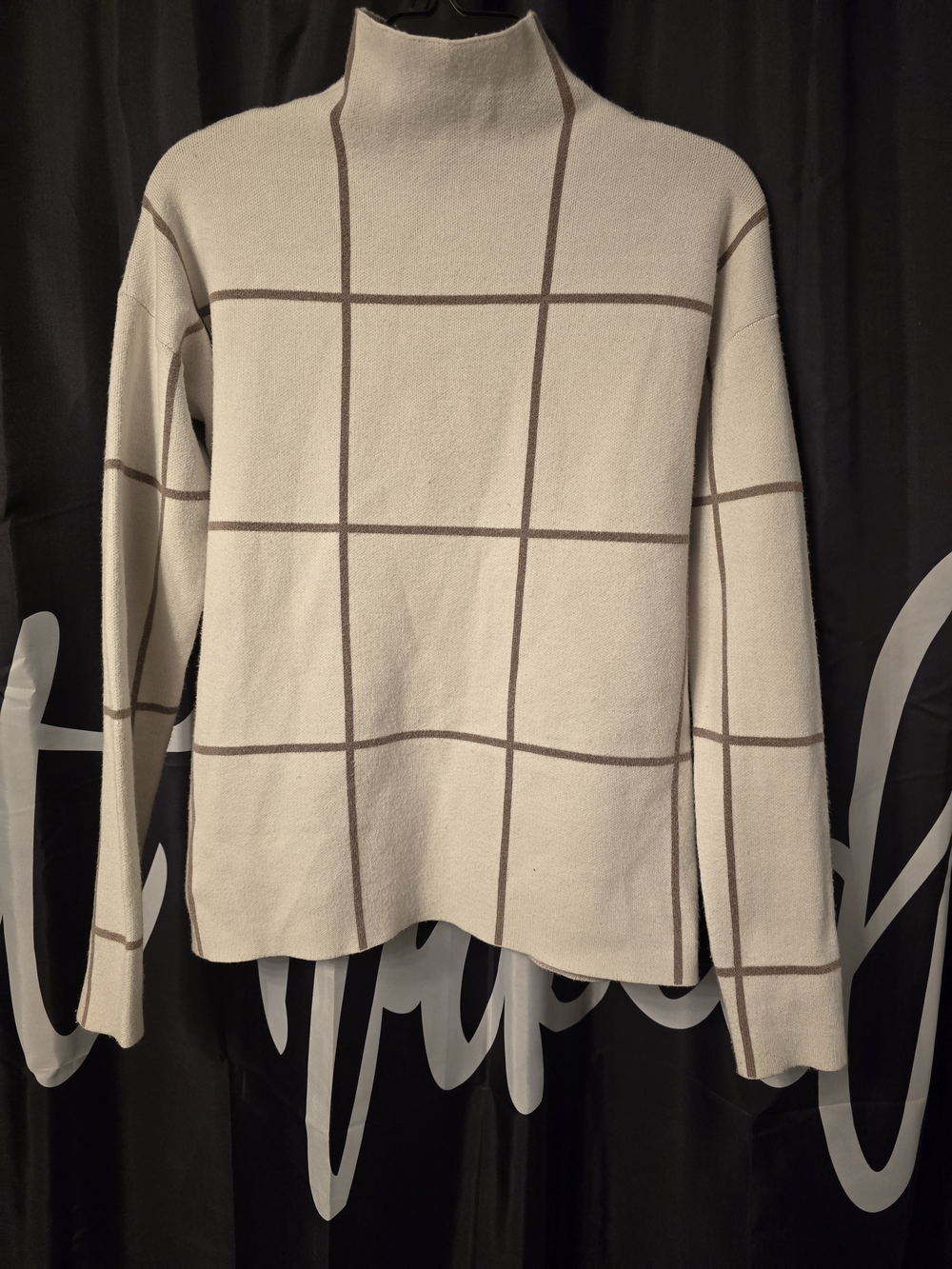 Cynthia Rowley Cream & Brown Windowpane Mock Neck Sweater - Picture 1 of 4